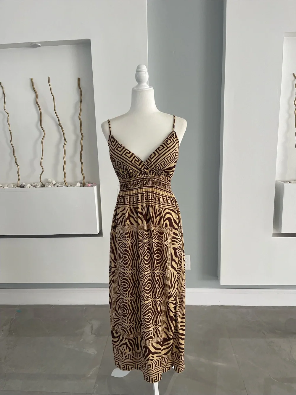 Brown Patterned Midi Dress with Spaghetti Straps